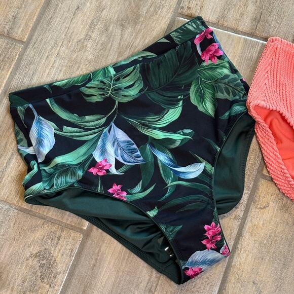 Kona Sol Peach Tropical Floral High Waist Bikini Swimsuit Bathing Bottoms Small - Picture 3 of 6